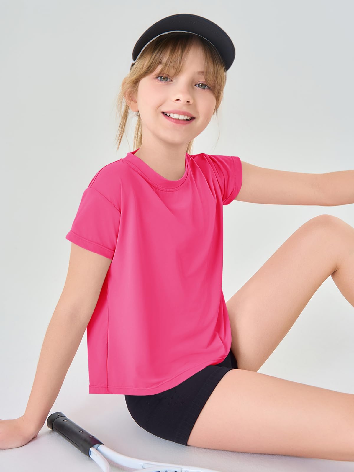 Haloumoning Girls Loose Athletic Shirts Short Sleeve Crop Tops Kids Quick Dry Gym Yoga Tees 5-14 Years