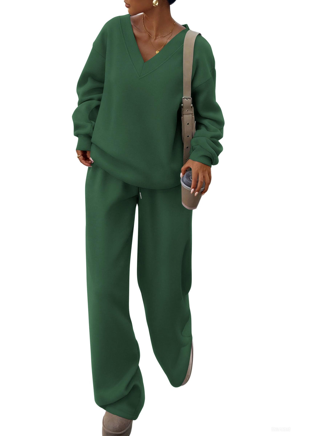 PRETTYGARDEN Casual Winter Two Piece Sets for Women 2026 V Neck Sweatshirt Loose Wide Leg Pants Tracksuit Knit Fall Outfits