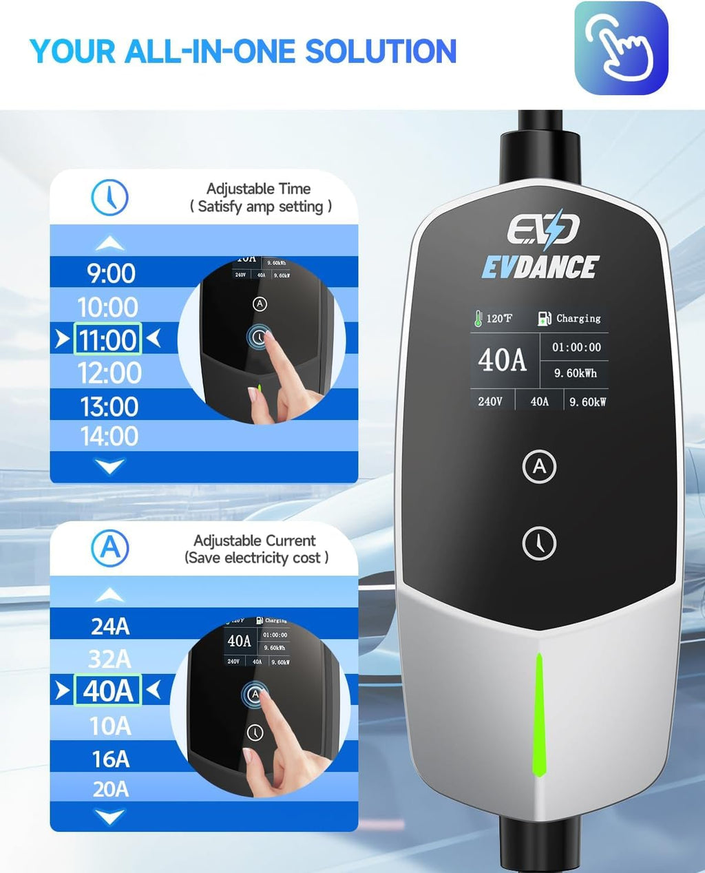 EVDANCE Level 2 EV Charger 40Amp, 240V 9.6KW Portable Electric Vehicle Charging Stations with NEMA 14-50P, 25FT Cable Adjustable Current/Timing Delay Home Electric Car Charger for J1772 BEVs/PHEVs