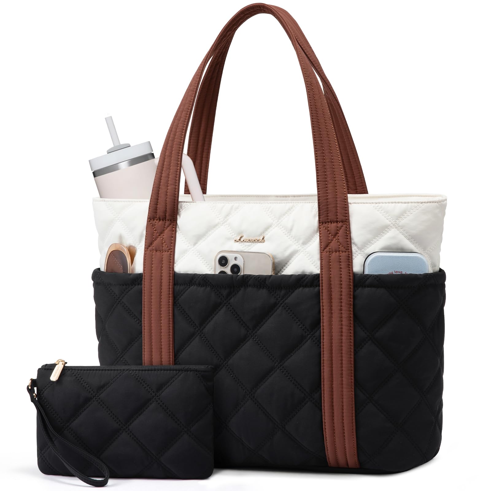 LOVEVOOK Puffer Tote Bag for Women, Puffy Work Handbag with Cup Holder, Travel Carry On Bag with Zipper for Teacher Nurse Gym