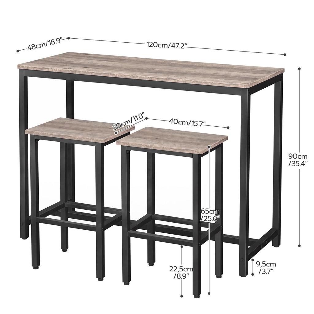 Rectangular Pub Bar Table & Stools Set, 3-Piece Breakfast Table, Grey, HOOBRO