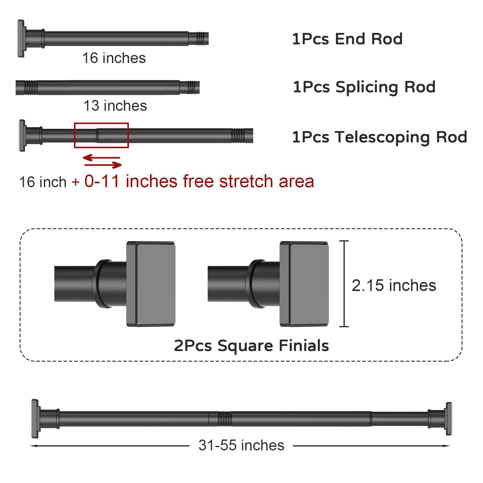 UIOSANRT Tension Shower Curtain Rod 31-55 Inches Non-Slip Shower Rod Tension Mounted No Drill Black Shower Curtain Rods Spring Tension Rod Adjustable Tension Curtain Rod for Windows Bathroom