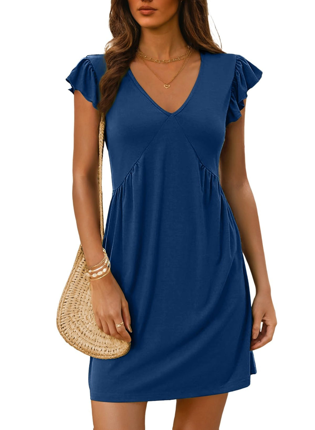 Dokotoo Women's Summer Dresses Beach 2026 Casual Deep V Neck Loose Sundress Ruffle Sleeve Mini Dress