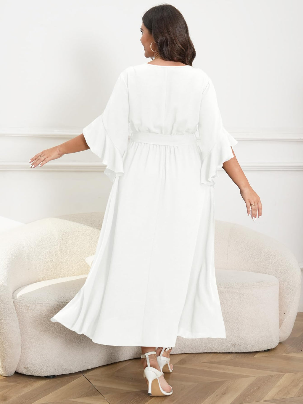 Womens Plus Size Dress Wedding Guest Cocktail Ruffle Half Sleeve Wrap V Neck Slit A Line Maxi Dresses with Belt