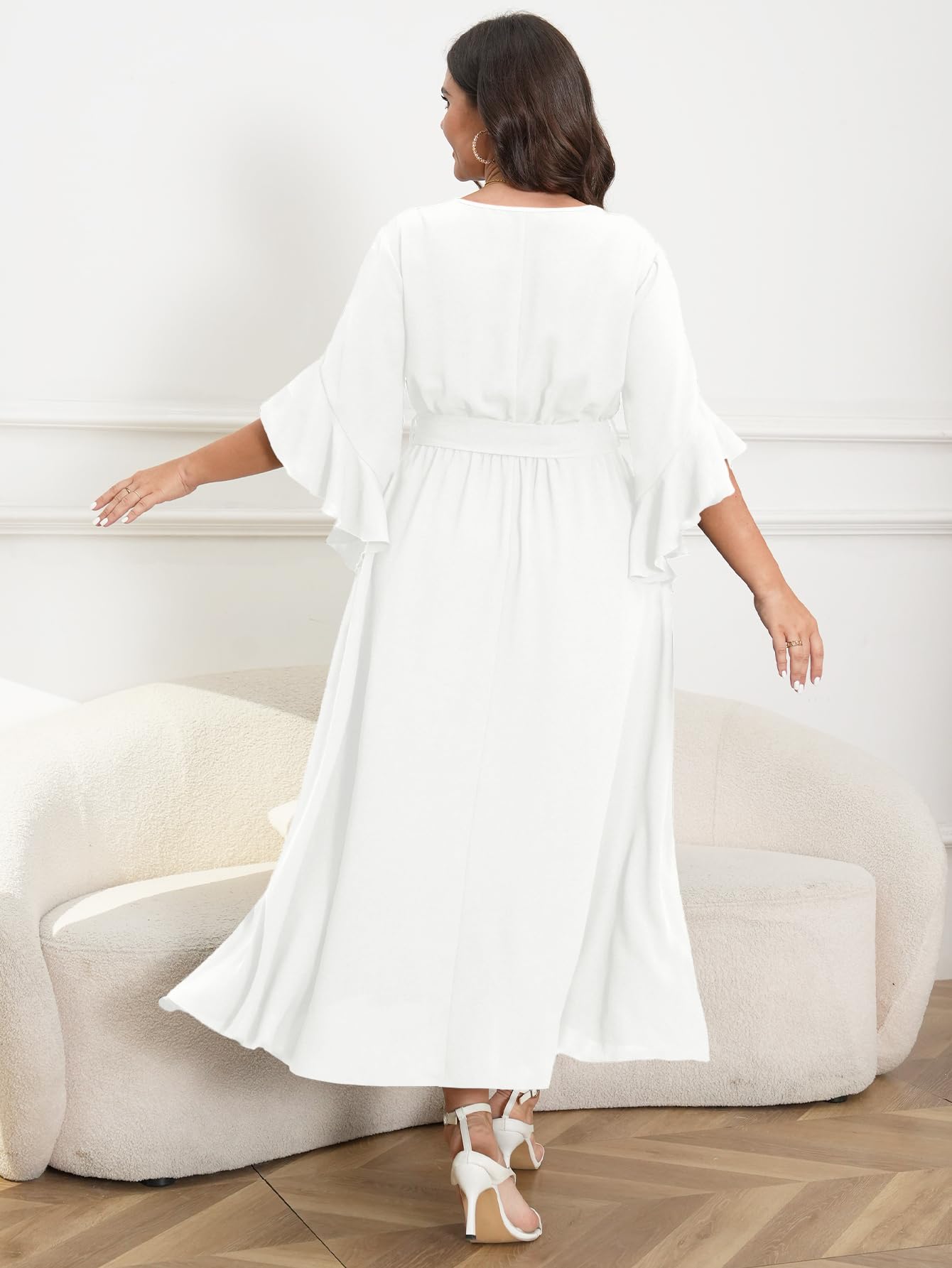 Womens Plus Size Dress Wedding Guest Cocktail Ruffle Half Sleeve Wrap V Neck Slit A Line Maxi Dresses with Belt