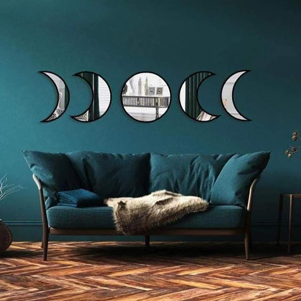 Scandinavian Decor 5-Piece Acrylic Wall Decor - Wooden Moon Phase Mirror, Bohemian Design for Living Room, Bedroom - Beige