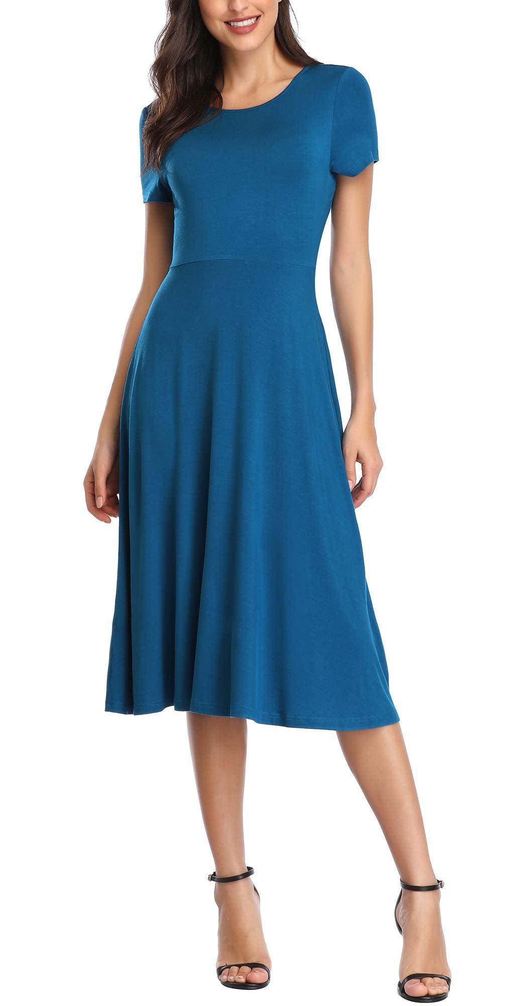 Urban CoCo Women's Vintage Short Sleeve High Waist Flared Midi Casual Summer Dress