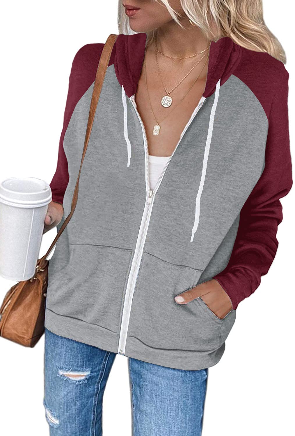 EZBELLE Women's Color Block Zip Up Hoodie Sweatshirt Casual Long Sleeve Jacket Sweater with Pockets