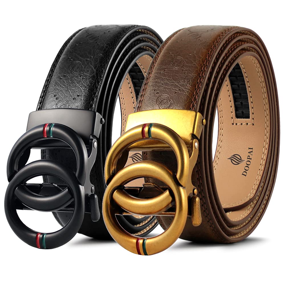 DOOPAI Men's 2 Pack Ratchet Dress Belt - Adjustable 1 3/8" Genuine Leather, Size Length Can Be Cut, With Gift Box