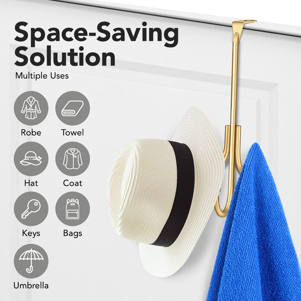 2-Pack Over The Door Hooks - with 2 Hang Heads & Snug Fit Pads Heavy Duty Hook for Hanging Coats, Towels, Caps & Robes - Elegant Matt Finish - No Drill Hanger Organizer - Black
