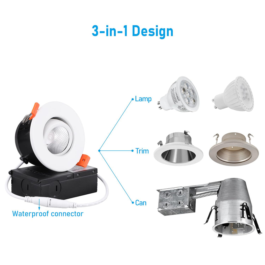 TORCHSTAR 12-Pack 5CCT 3 Inch Gimbal LED Recessed Light, 7W CRI90+ Dimmable Adjustable Eyeball Canless LED Downlight, 2700K/3000K/3500K/4000K/5000K Selectable, Airtight IC, ETL
