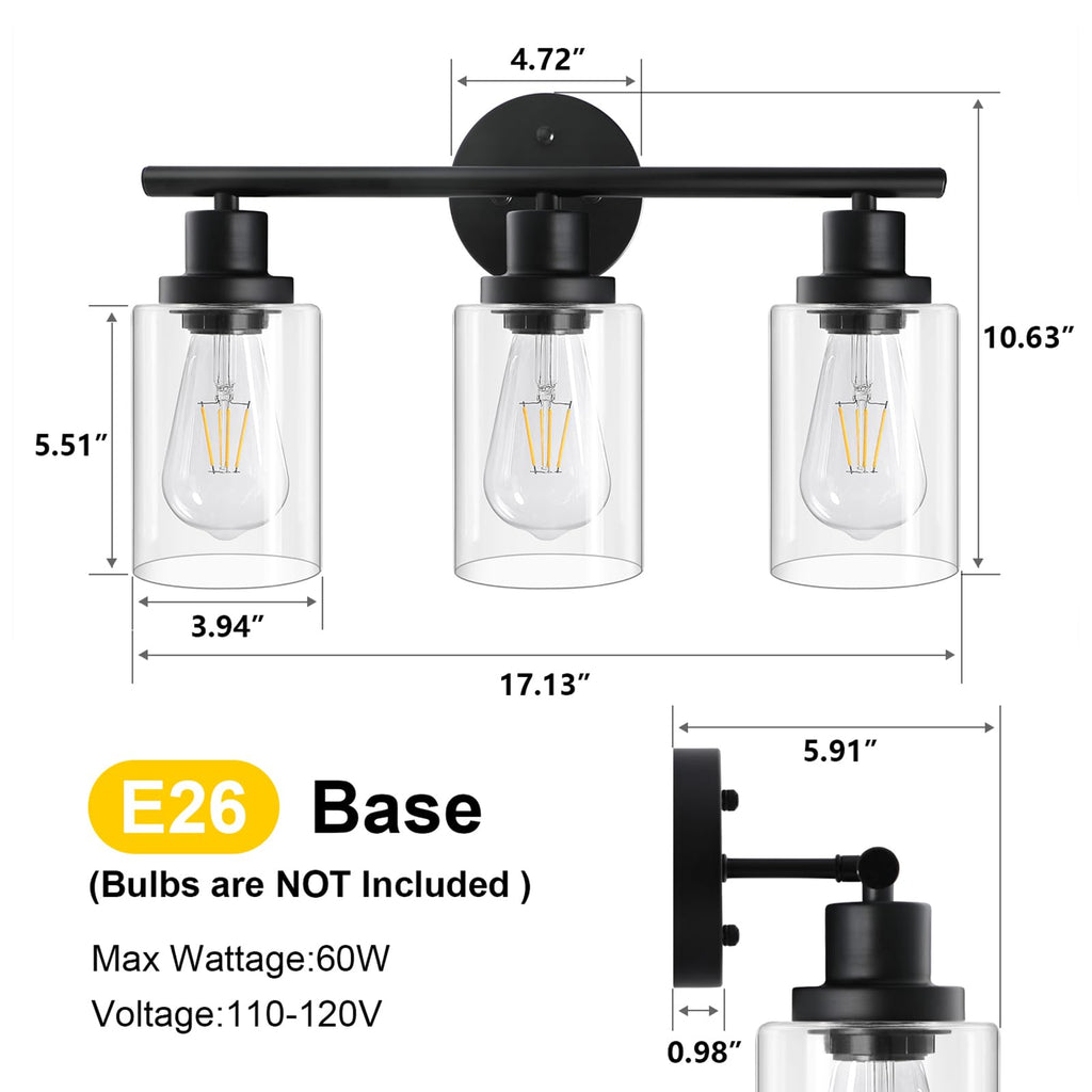 Unicozin 2 Pack Modern Bathroom Light Fixtures, 3 Light Vanity Lights, Black Wall Lamp with Clear Glass for Bathroom, Mirror, Living Room, Bedroom, Hallway, E26 Base