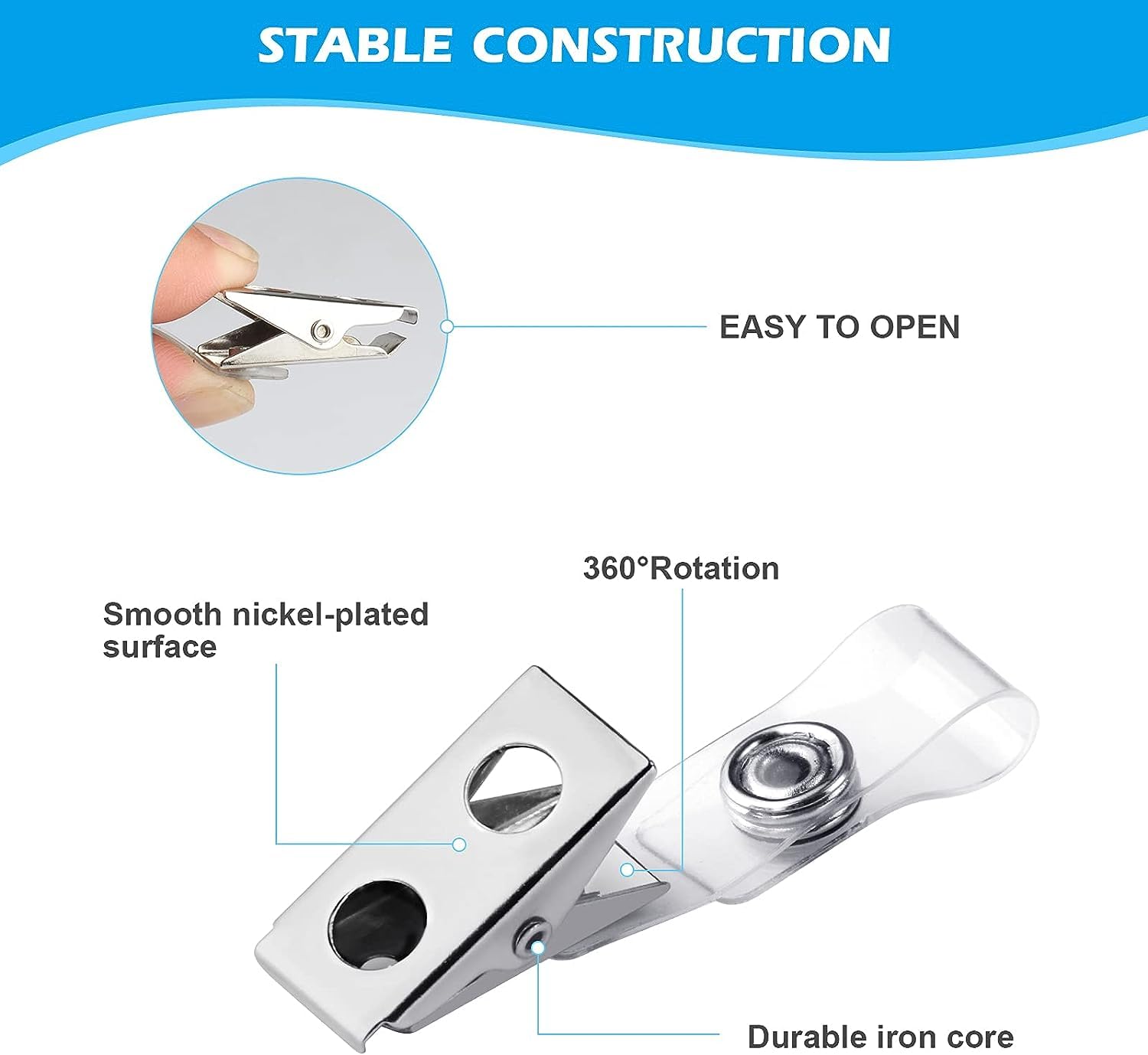 30Pcs Metal Badge Clips with Clear PVC Straps, Premium Double Hole Metal Badge Clips for ID Cards, Badge Holders, Name Tags Work Badges