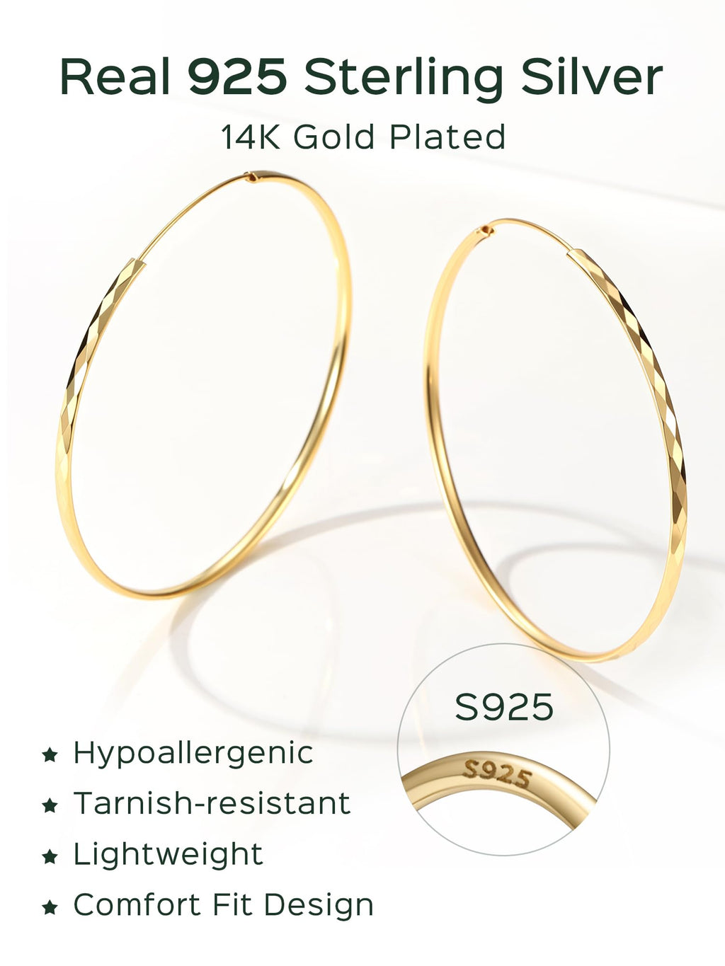 ChicSilver 925 Sterling Silver Hoop Earrings for Women Hypoallergenic, Lightweight Large Gold Plated Silver Hoop Earrings, Endless Hoops Earring 20/30/40/50/60/70MM