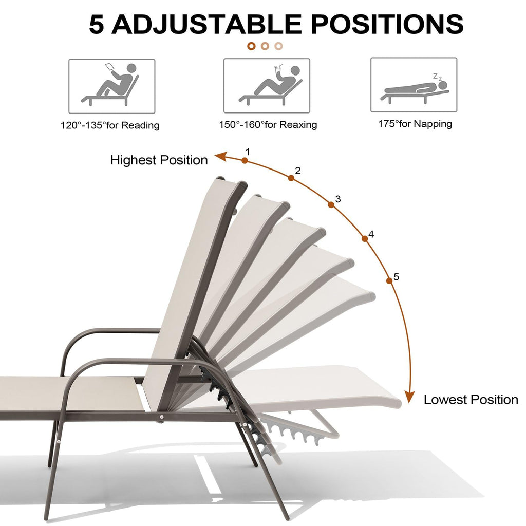 Crestlive Products Chaise Lounge Chair Outdoor with Armrests, Pool Lounge Chairs Set of 2, Aluminum Adjustable 5 Positions Sun Tanning Lounger for Patio, Poolside, Yard, Deck, Backyard (Beige)