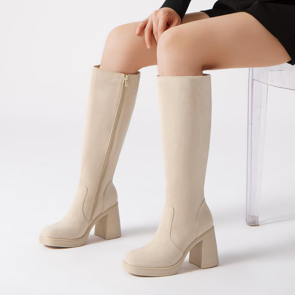 Athlefit Black Knee High Boots for Women Platform Tall Boots Fashion Square Toe Chunky Heeled Booties