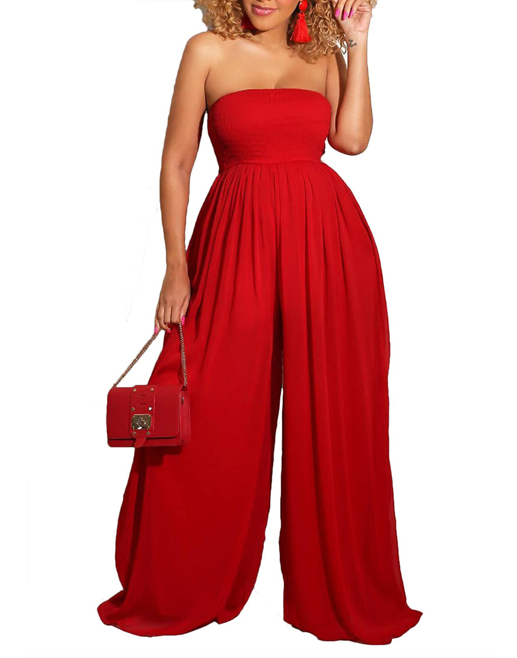 Ophestin Women's Strapless Tube Wide Leg Jumpsuits Smocked Women Jumpsuits Dressy Casual Flowy One Piece Jumpsuits Rompers