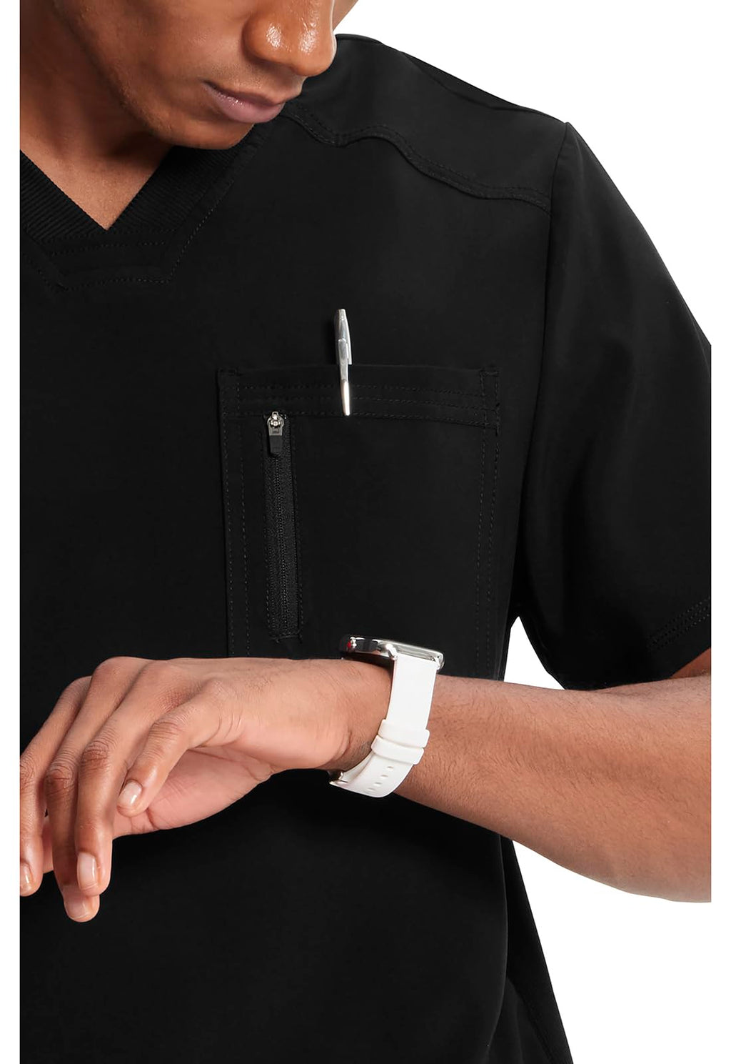 Cherokee Infinity Mens Tuckable V-Neck Scrub Top Modern Fit, 2 Pockets, Zip Chest Pocket, Rib-Knit, 360° Stretch – CK910A