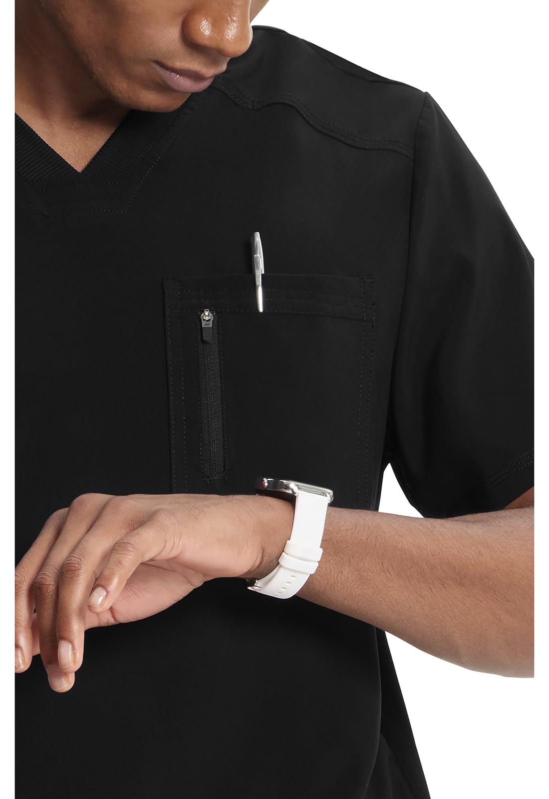 Cherokee Infinity Mens Tuckable V-Neck Scrub Top Modern Fit, 2 Pockets, Zip Chest Pocket, Rib-Knit, 360° Stretch – CK910A