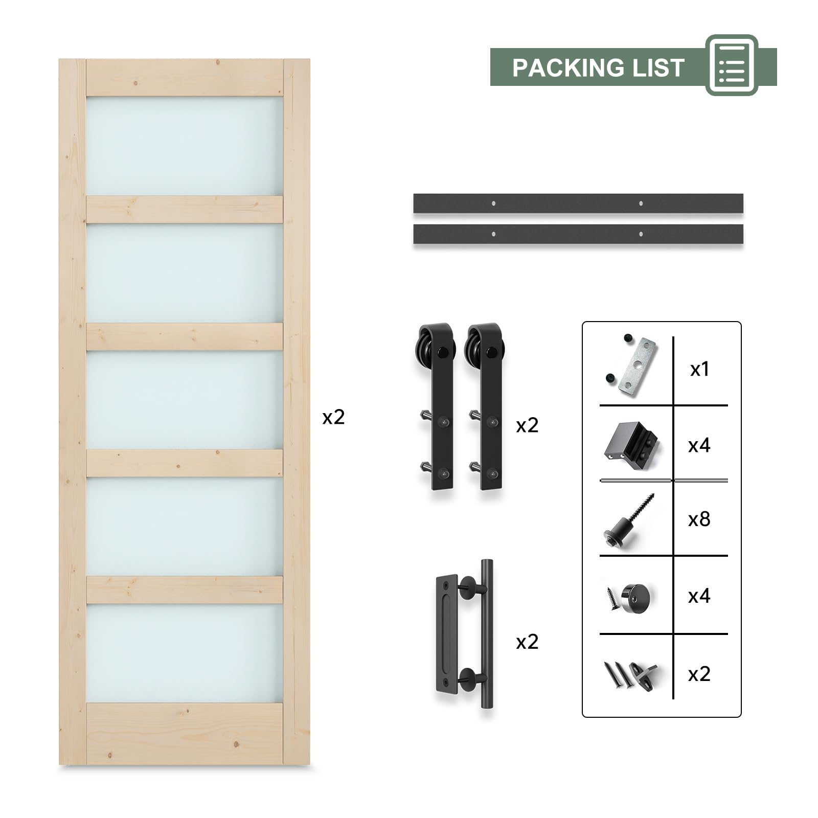 Double 18×84 inch Glass Sliding Barn Door Slab with 6.6ft Hardware Kit Included, 5-Panel Frosted Glass, Spruce Wood Support DIY Dyeing, Easy Assembly