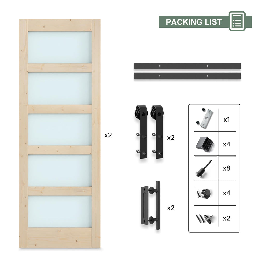 Double 18×84 inch Glass Sliding Barn Door Slab with 6.6ft Hardware Kit Included, 5-Panel Frosted Glass, Spruce Wood Support DIY Dyeing, Easy Assembly