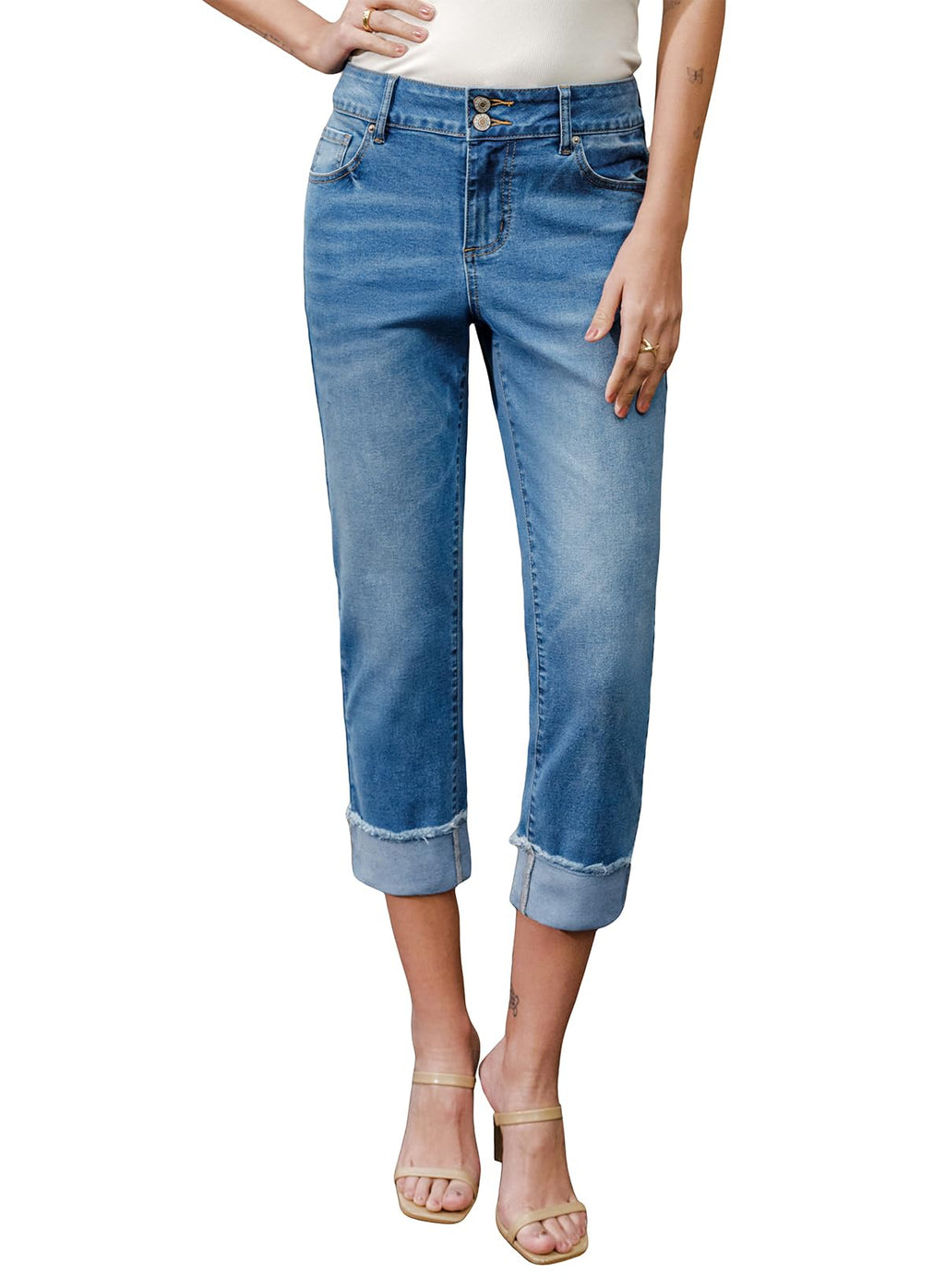 Sidefeel Women's Capri Jeans High Waisted Stretchy Roll-up Skinny Cuffed Cropped Zimbaplatinum Summer Capri Pants