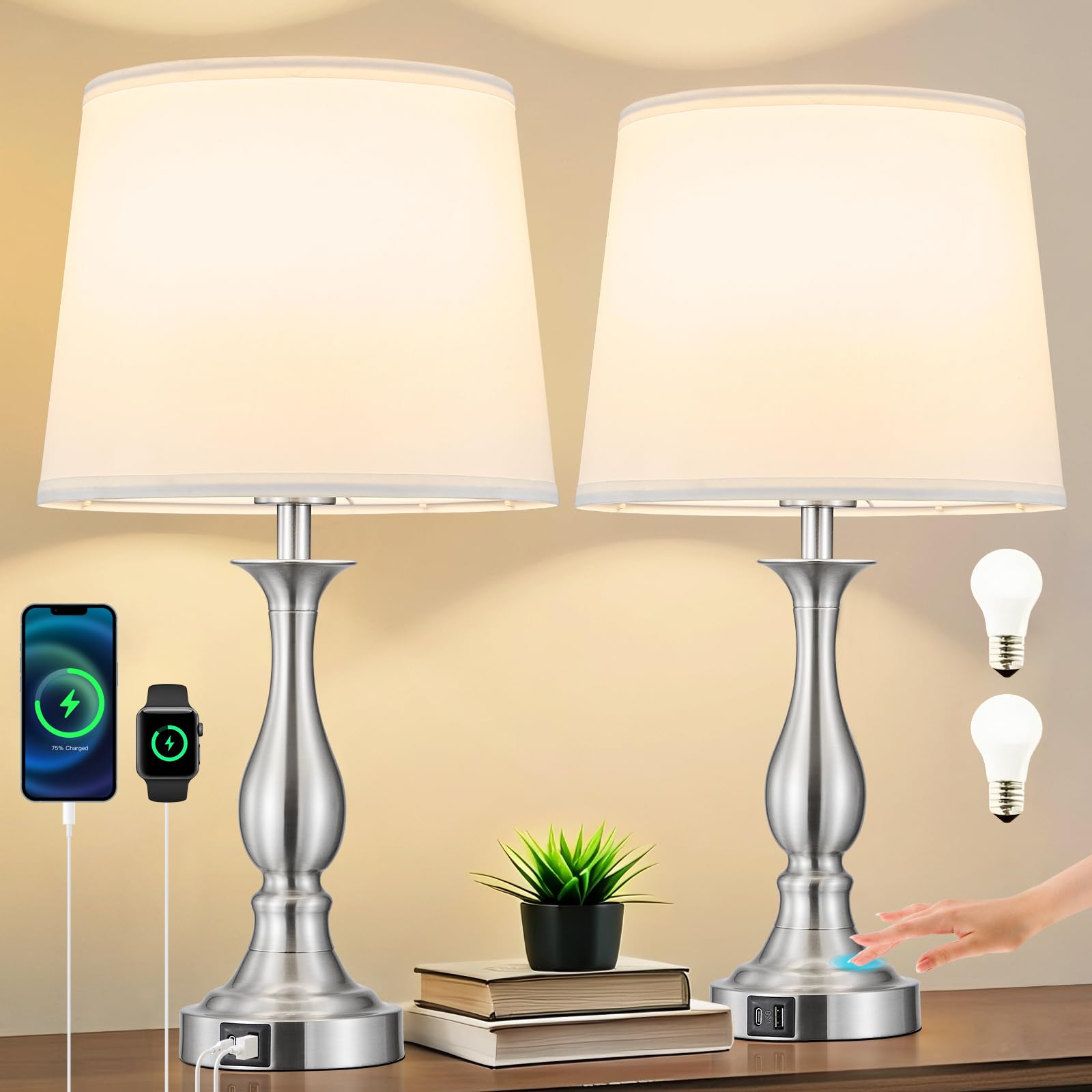 Bedside Table Lamp Touch Control Bedroom Lamps with USB A and C Charging Port 3 Way Dimmable Touch Lamps for Nightstand Living Room Bedroom Dorm Home Office Reading, Set of 2