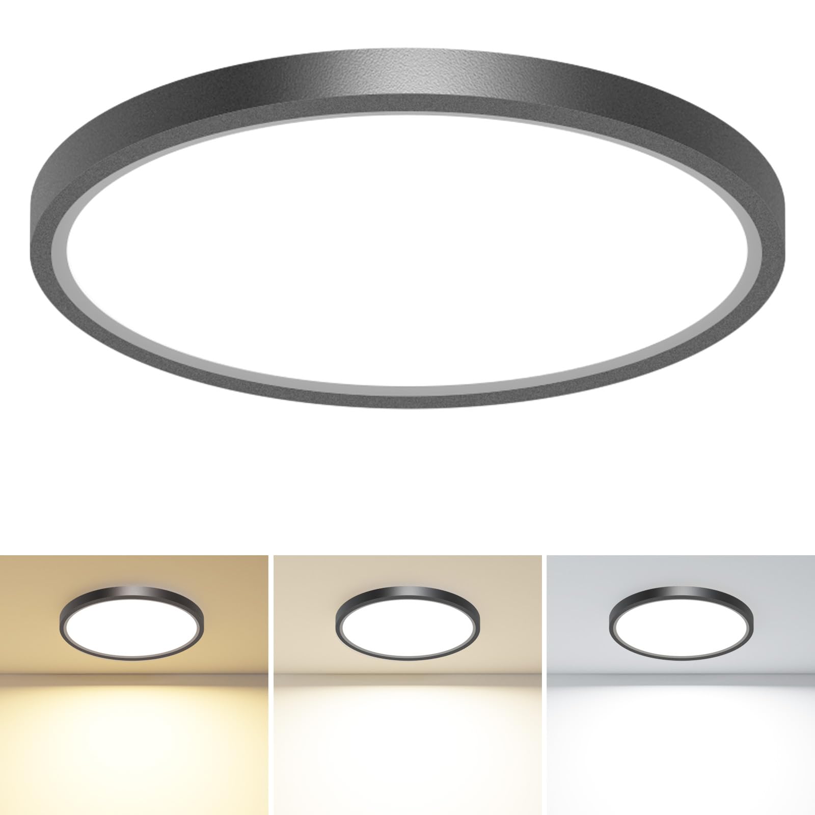 1PACK LED Flush Mount Ceiling Light Fixture, 3000K-4000K-6500K & 100W Equivalent Modern Kitchen Ceiling Lamp 15W 1500Lm 7.5 Inch Closet Round Surface for Bathroom Laundry Bedroom Hallway, Black