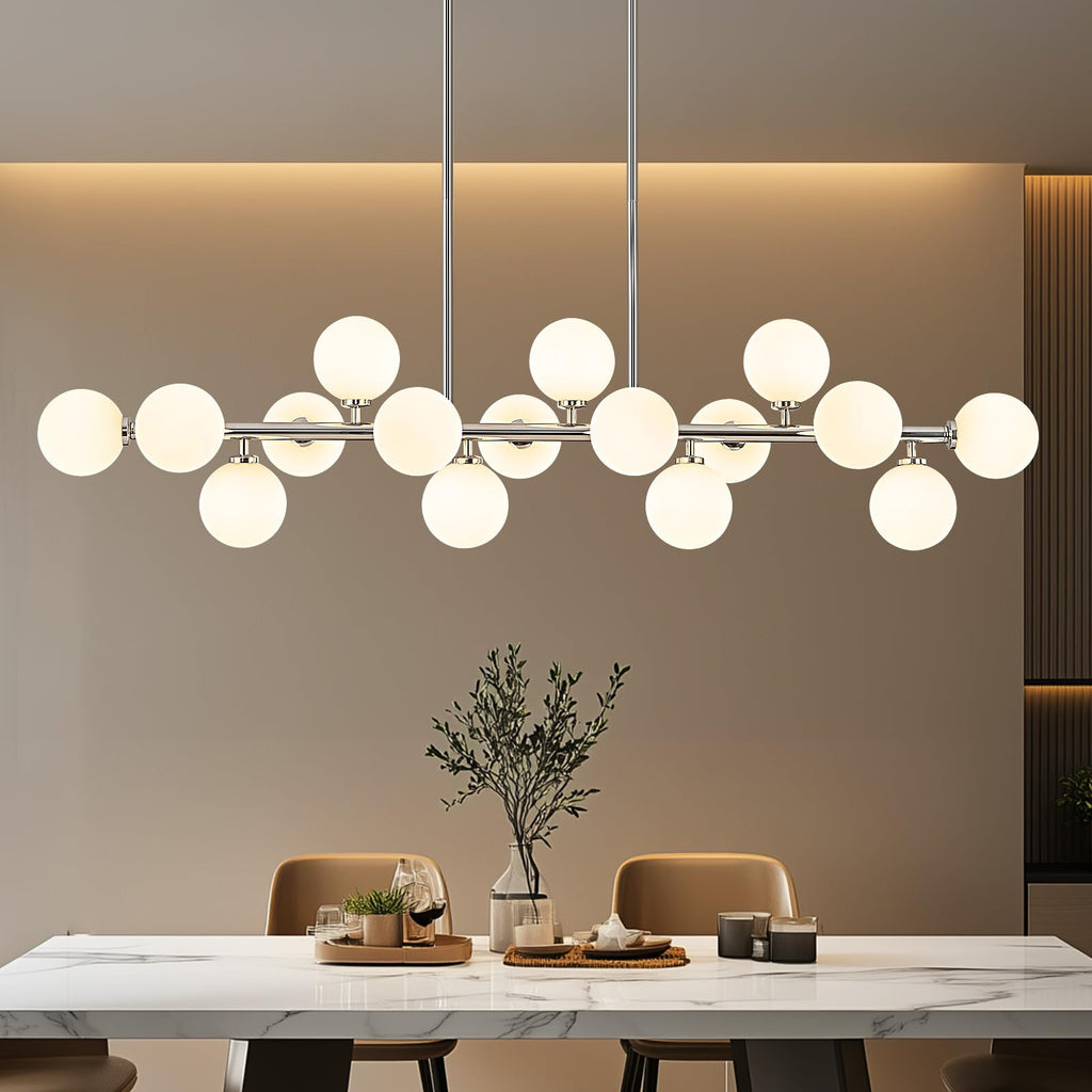 Modern Linear Chandeliers for Dining Room, 8-Light Globe Sputnik Pendant Ceiling Light, Black Dining Room Light Fixture Over Table, Mid Century Glass Milk White Bubble, 31.5 Inch, GC-09
