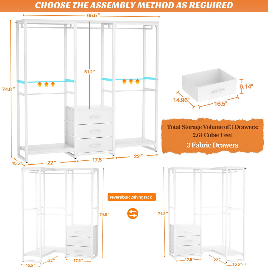 Aheaplus Garment Rack Heavy Duty Clothes Rack for Hanging Clothes,Clothing Rack with Drawers, Wood Stoarge Shelf Freestanding Closet Wardrobe Rack, Corner L Shaped Closet System Organizers, Grey