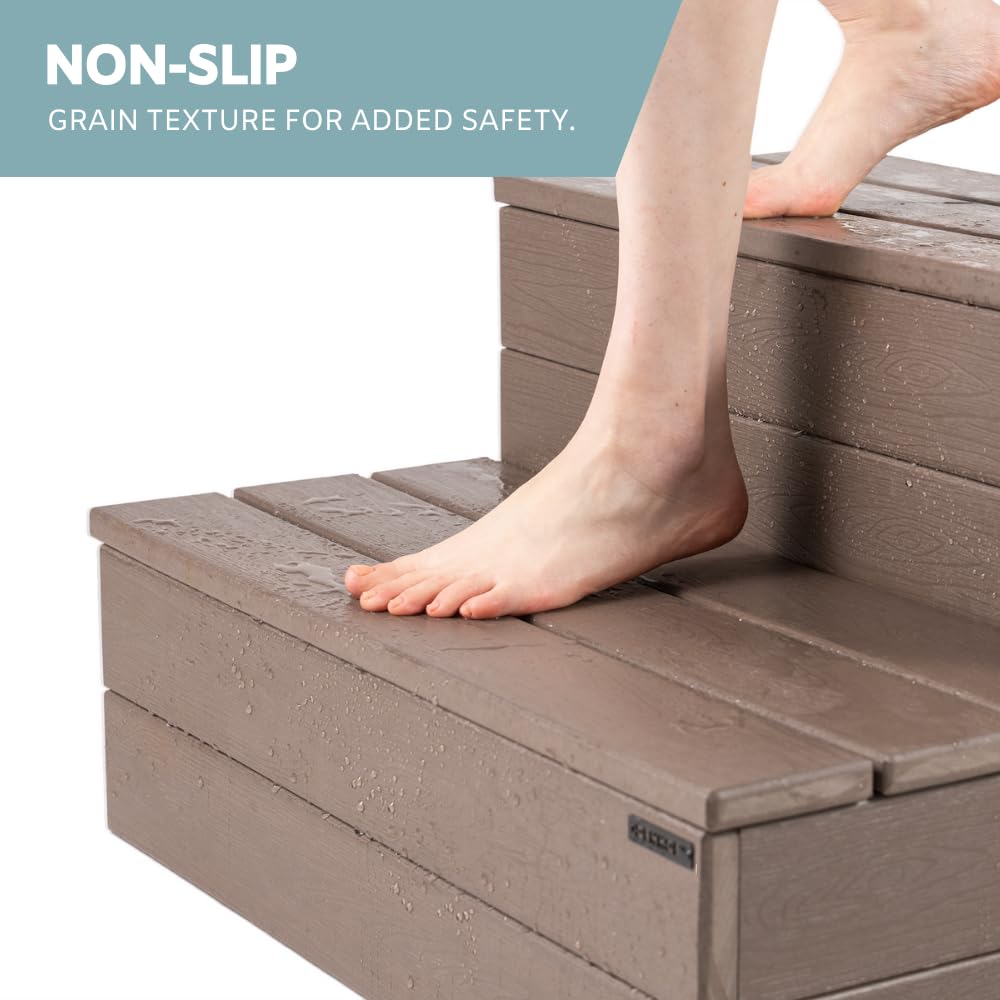 DENKOE Hot Tub Steps - Wood Looking Plastic - 100% Waterproof - Brown Non Slip, Heavy Duty, Multi Use as Porch Steps, Hot Tub Stairs, Outdoor Stairs, Fits Any Spa Size