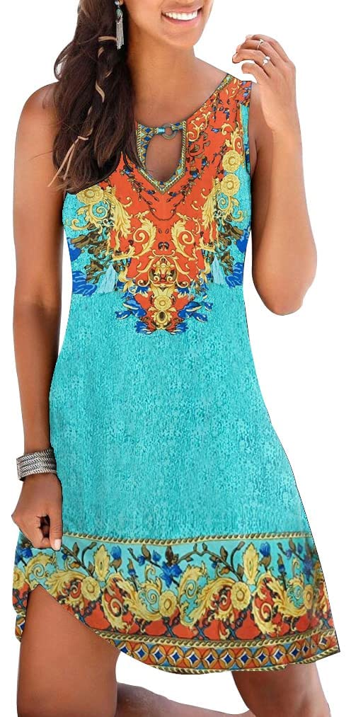 ETCYY NEW Summer Dresses for Women Trendy Boho Floral Print Sundresses Sleeveless Beach Cover Up Dress with Pockets