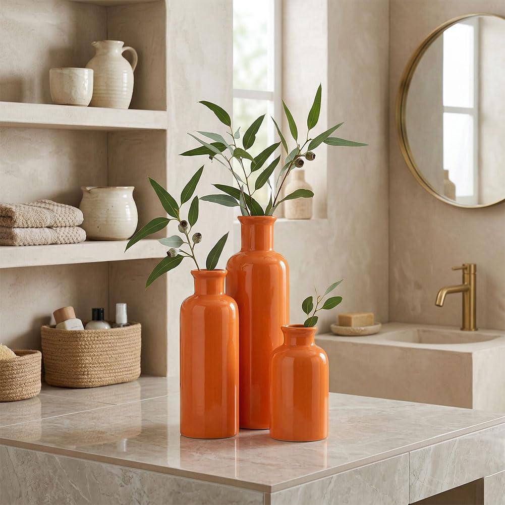 Ceramic Vase Set - 3 Ceramic Small Vases, Farmhouse Country Flower Vase Home Decor, Living Room Decoration, Table Decoration, Fireplace Decor, and Entrance Decorations Centerpieces