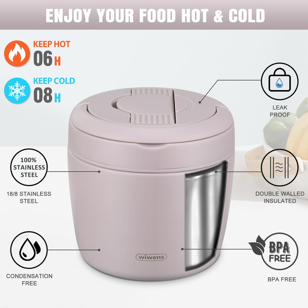 wiwens Thermo Food Jar for Hot Food Adults 32OZ Soup Thermo Lunch Containers Wide Mouth Vacuum Insulated Stainless Steel Leakproof Bento Box with Spoon (Beige)