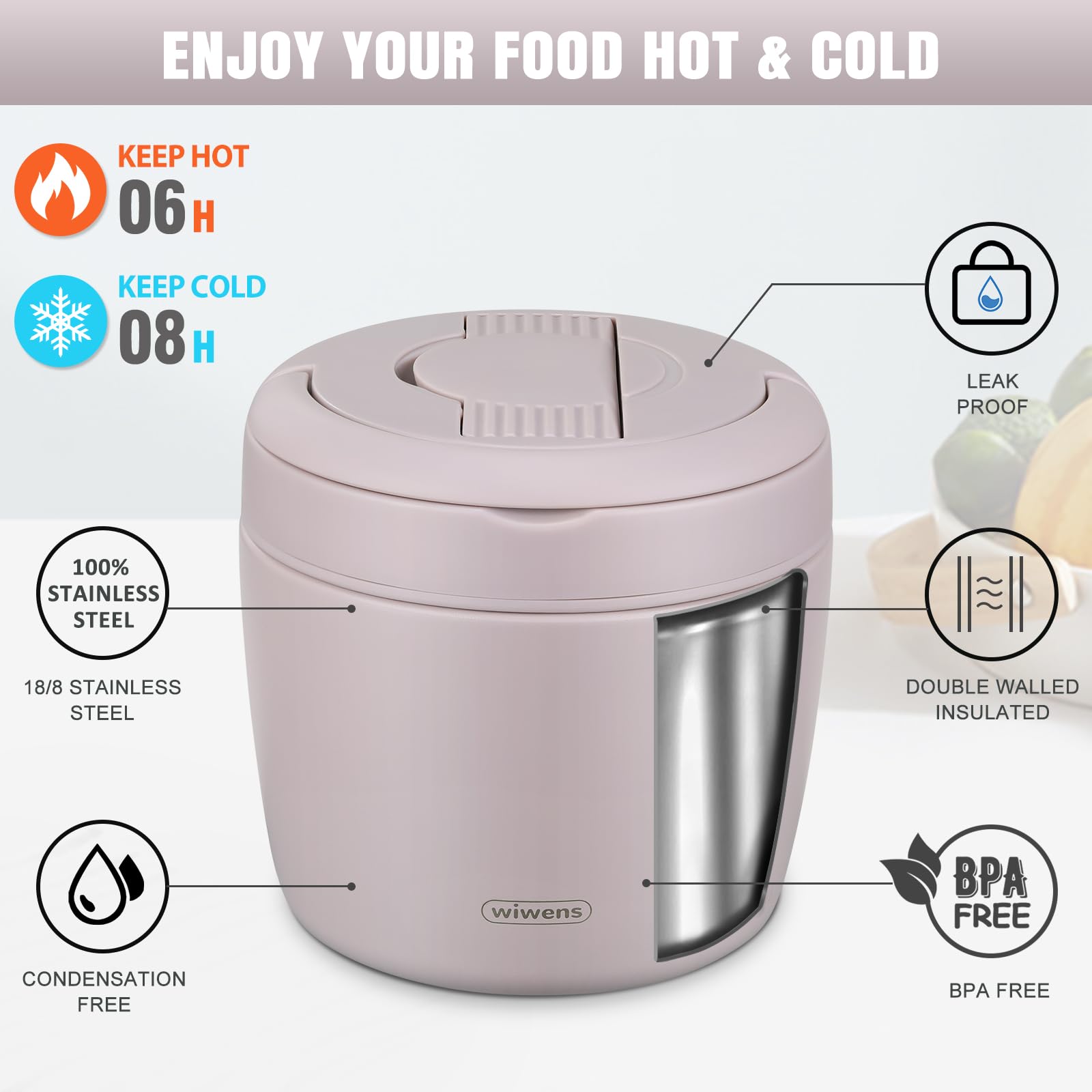 wiwens Thermo Food Jar for Hot Food Adults 32OZ Soup Thermo Lunch Containers Wide Mouth Vacuum Insulated Stainless Steel Leakproof Bento Box with Spoon (Beige)