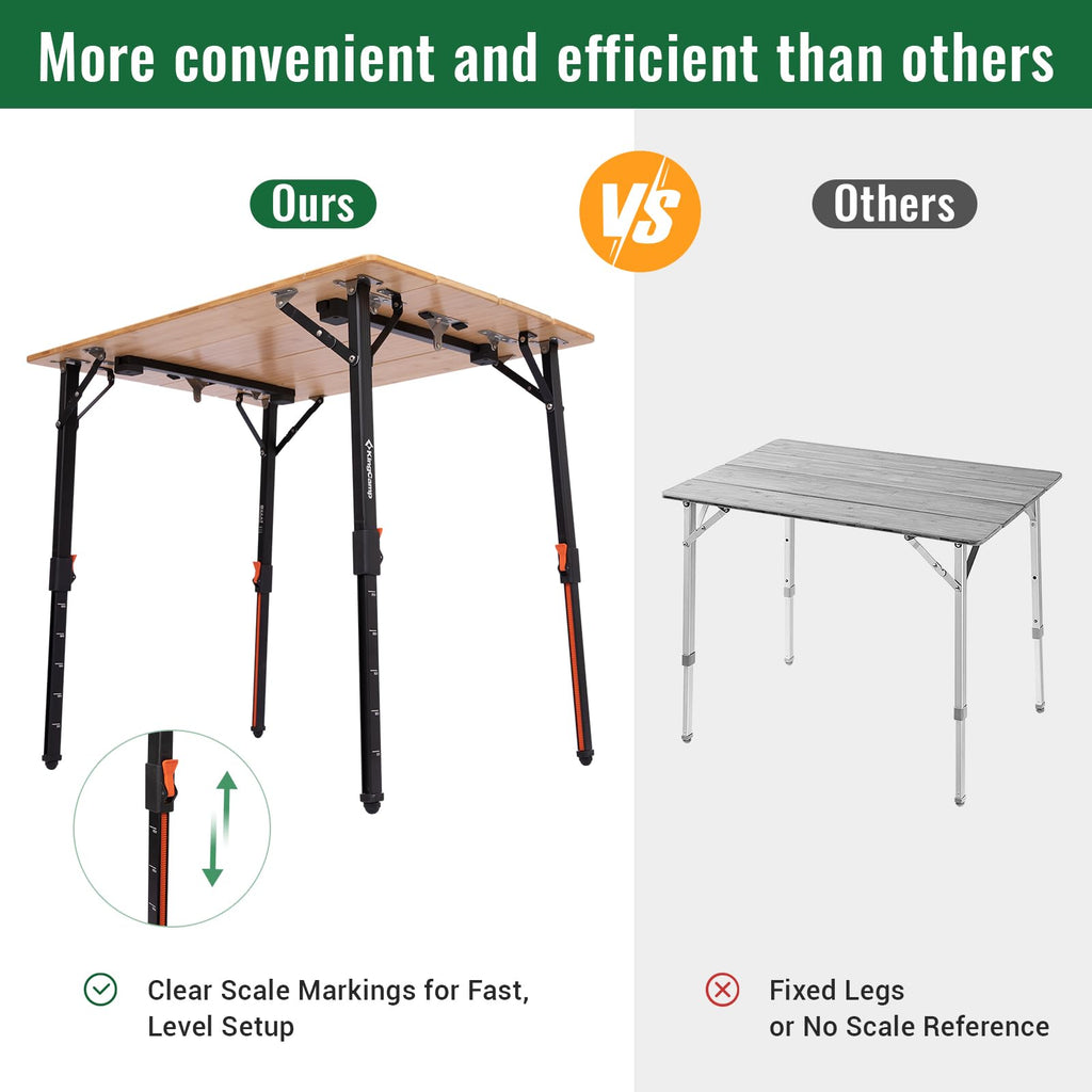 KingCamp Bamboo Folding Table, 4-Fold Camping Adjustable Height Portable Outdoor Lightweight & Compact Table with Aluminum Frame for RV Picnic BBQ Tailgating