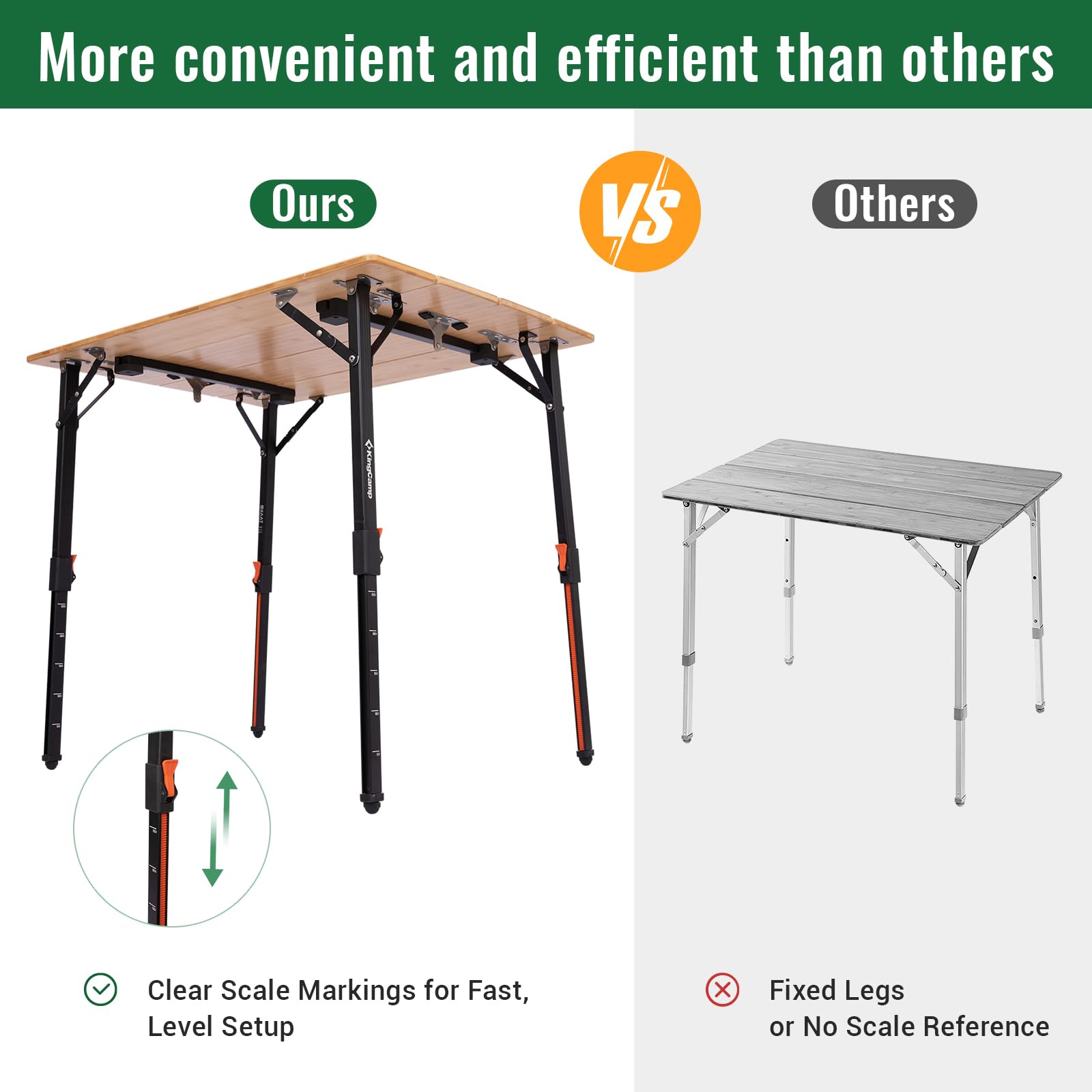 KingCamp Bamboo Folding Table, 4-Fold Camping Adjustable Height Portable Outdoor Lightweight & Compact Table with Aluminum Frame for RV Picnic BBQ Tailgating