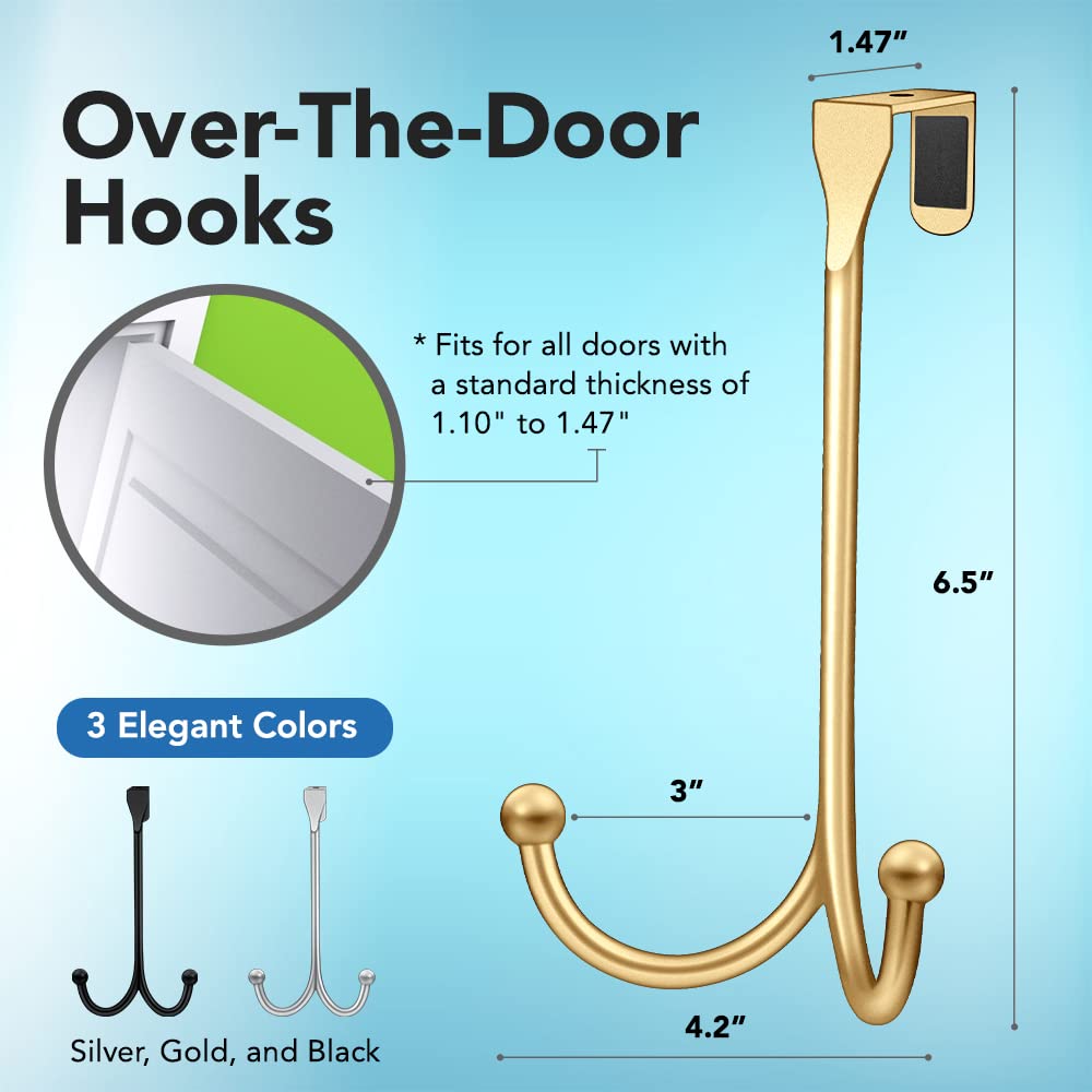 2-Pack Over The Door Hooks - with 2 Hang Heads & Snug Fit Pads Heavy Duty Hook for Hanging Coats, Towels, Caps & Robes - Elegant Matt Finish - No Drill Hanger Organizer - Black
