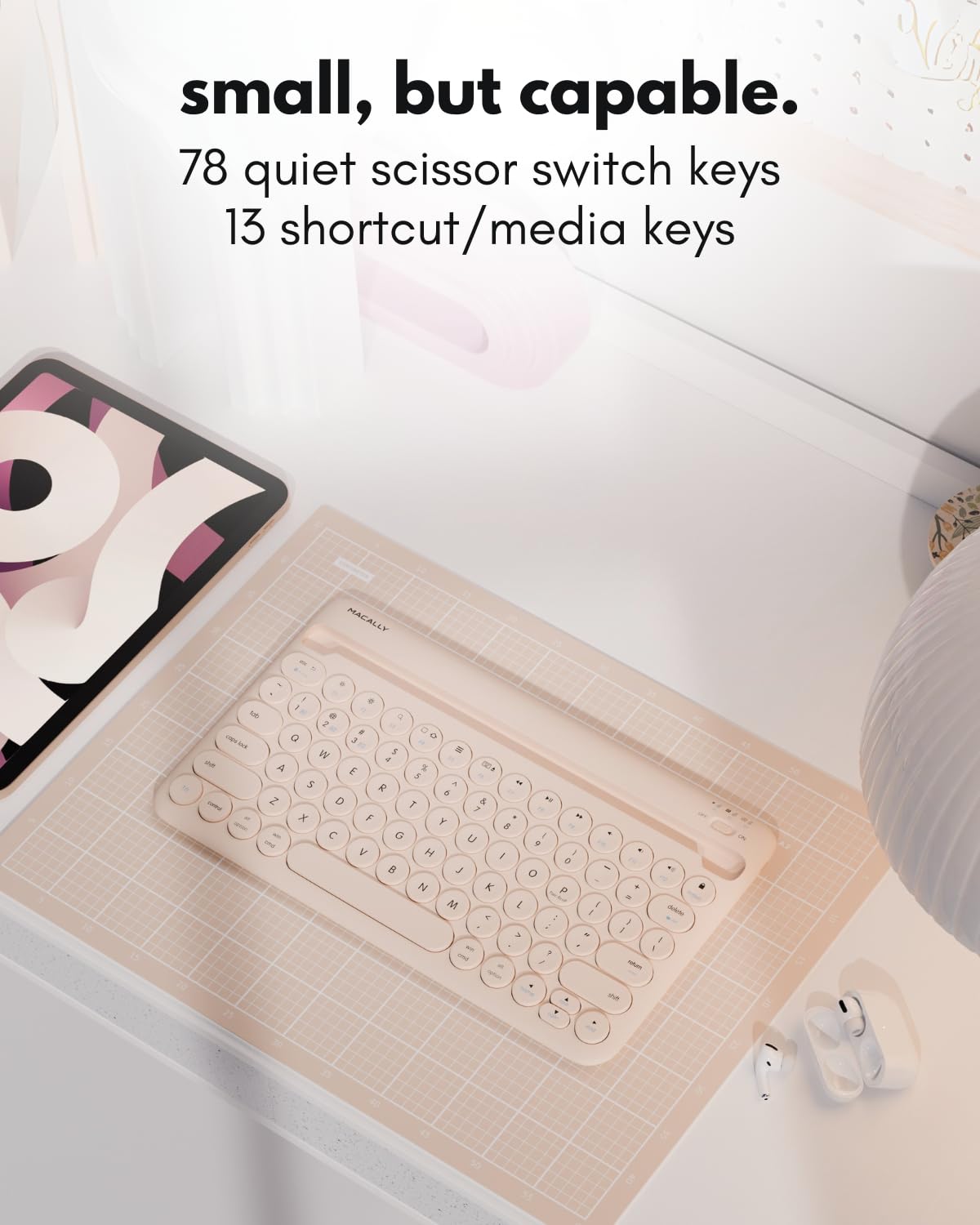 Macally Bluetooth Keyboard for Tablet | Wireless Keyboard for iPad mini/Air/Mini, iPhone (Multi-Device, Built-in Stand, Rechargeable) Easy to Use and Cute Portable