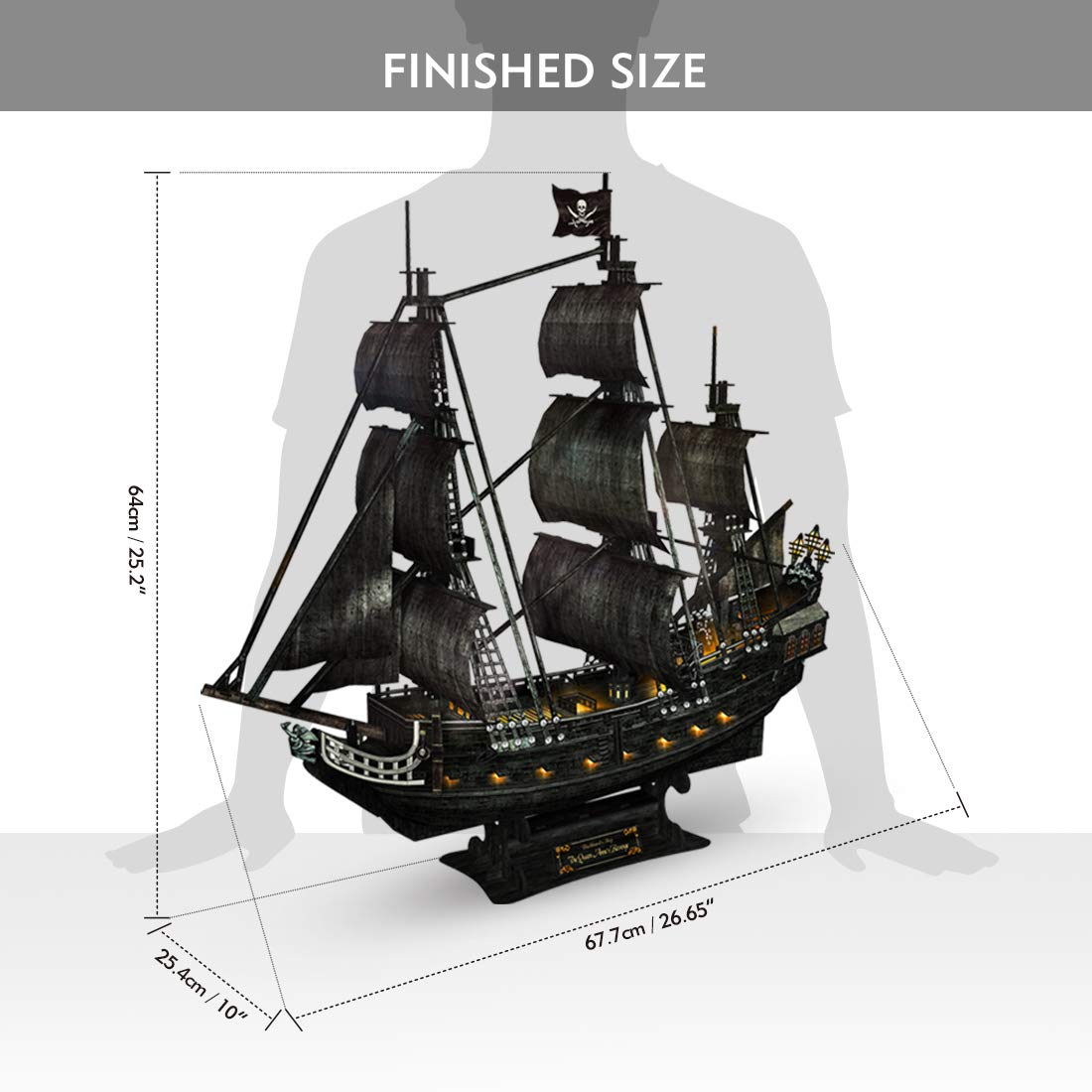 CubicFun 3D Puzzles for Adults - Led Pirate Ship Queen Anne's Revenge - Large 27'' Sailboat Puzzles - Desk Decor, Anniversary Teacher Appreciation Gifts High School Graduation Gifts