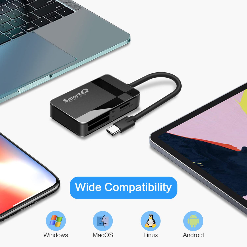 SmartQ C368 USB 3.0 Card Reader - Plug & Play, Compatible with Apple & Windows, Supports SD, Micro SD, MS, CF Cards
