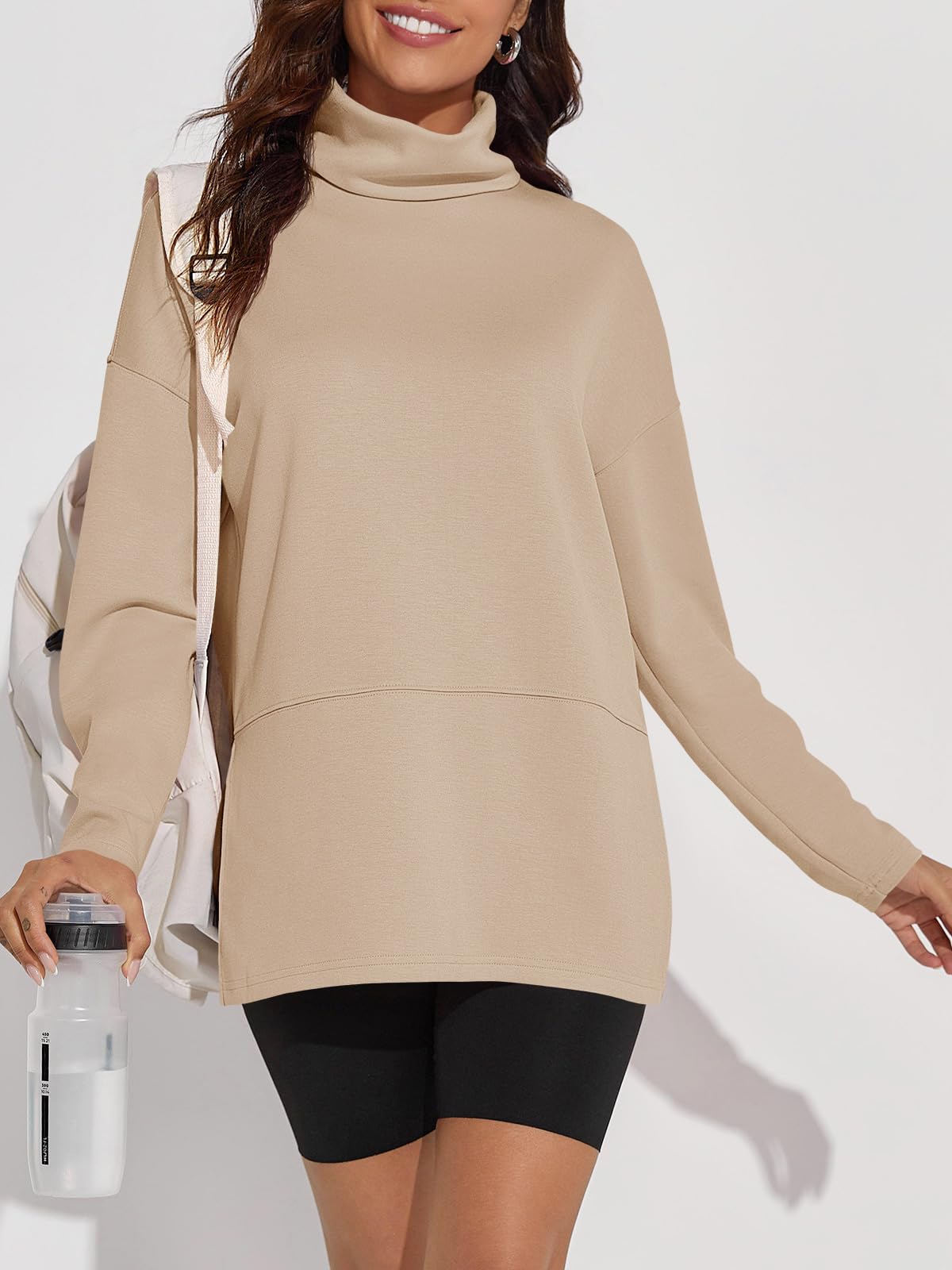 Fisoew Women's Turtleneck Oversized Sweatshirt Casual Long Sleeve Loose Side Slit Pullovers Tunic Tops