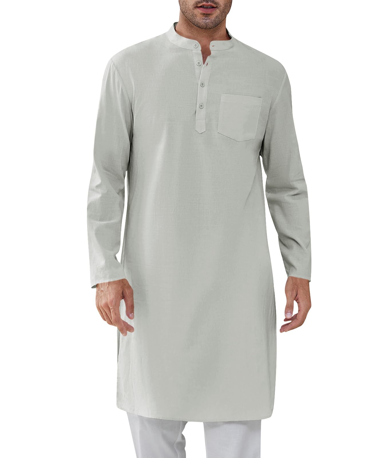 Gafeng Mens Kaftan Robe Button Down Long Sleeve Henley Cotton Thobe Casual Side Split Gown Shirt