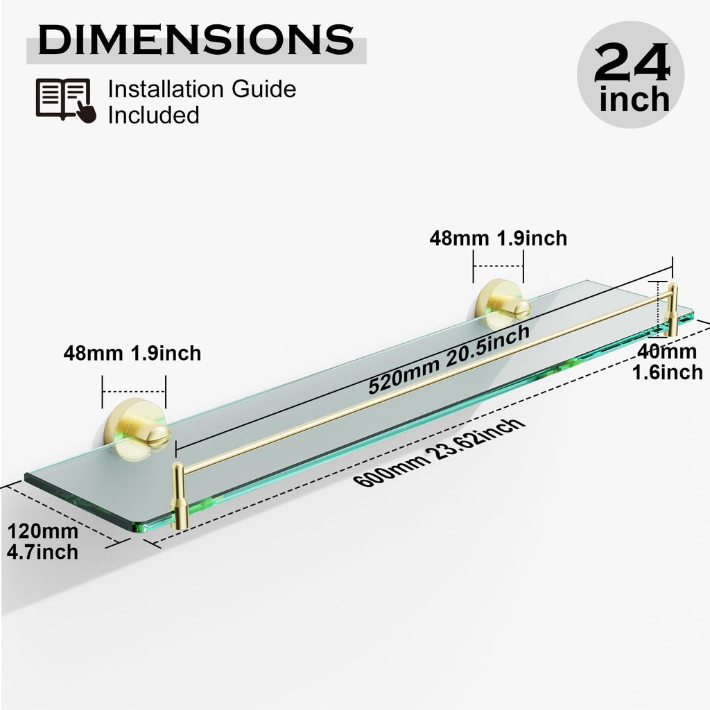 Glass Bathroom Shelves,Brushed Gold Floating Shelves for Wall Rectangular Modern Stainless Steel Glass Shelf for Bathroom Shelves wall Mounted 16 Inch