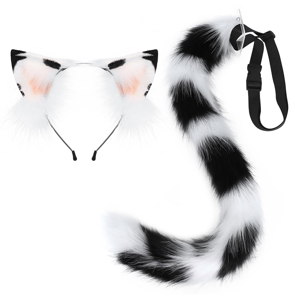 QinRuan Animal Cosplay Costume Accessories Furry Faux Fur Cat Ears Headband and Fox Tail Set Halloween Accessory