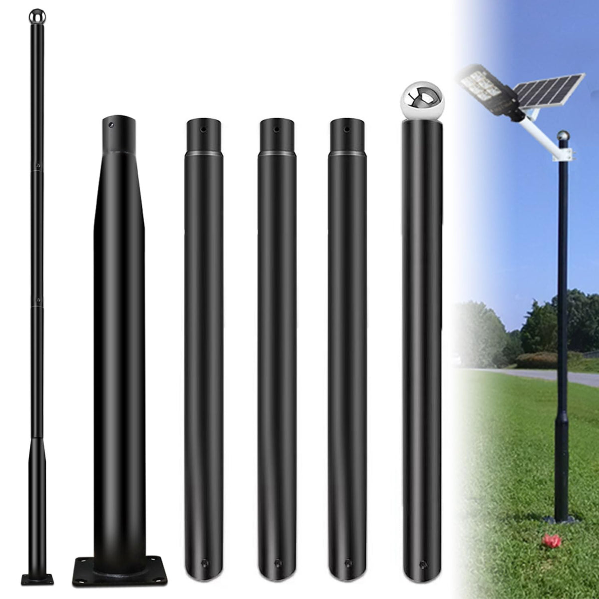 Outdoor Light Pole with Fillable Base, 8ft Cast Iron Lamp Post, 5-Section Heavy Duty Adjustable Pole for Garden, Yard, Pathway & Parking Lot, Portable Sand/Water Box Street Light Stand