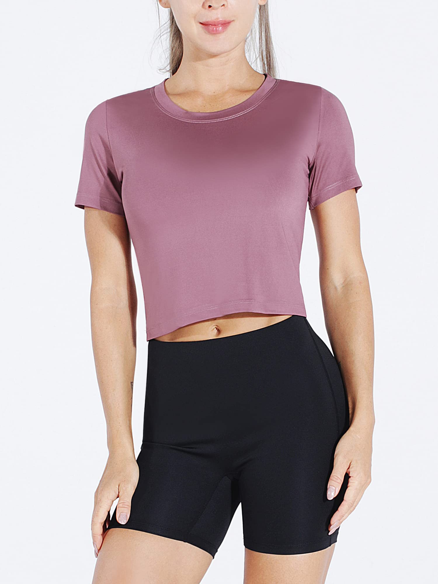 CADMUS Women's Dry Fit Crop Top Yoga Short Sleeve Shirts Crew Neck Athletic Running Tee 3 Pieces