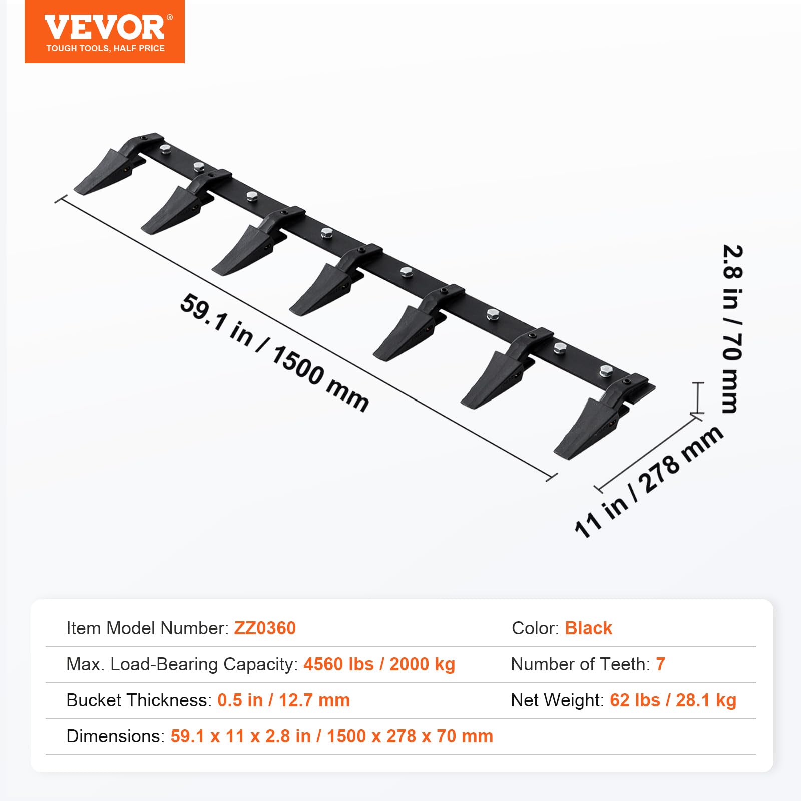 VEVOR Bucket Tooth Bar, 48'', Heavy Duty Tractor Bucket 6 Teeth Bar for Loader Tractor Skidsteer, 4560 lbs Load-Bearing Capacity Bolt On Design, for Efficient Soil Excavation and Bucket Protection