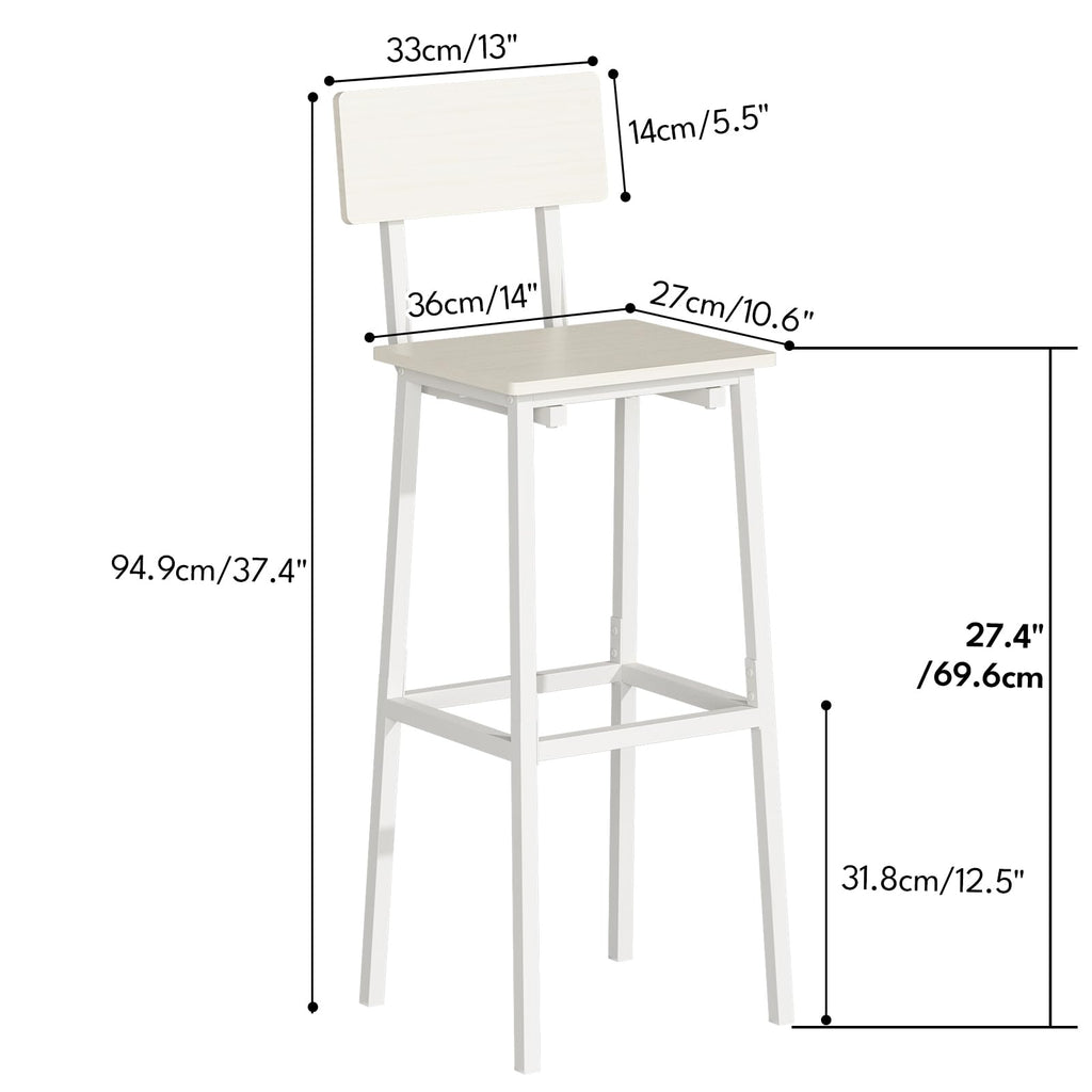 GILLAS Set of 2 Bar Stools, Tall Bar Stool with Backrest and Footrest, Tall Bar Chairs, Industrial Style Counter Height Bar Stool for Dining Room, Kitchen, White