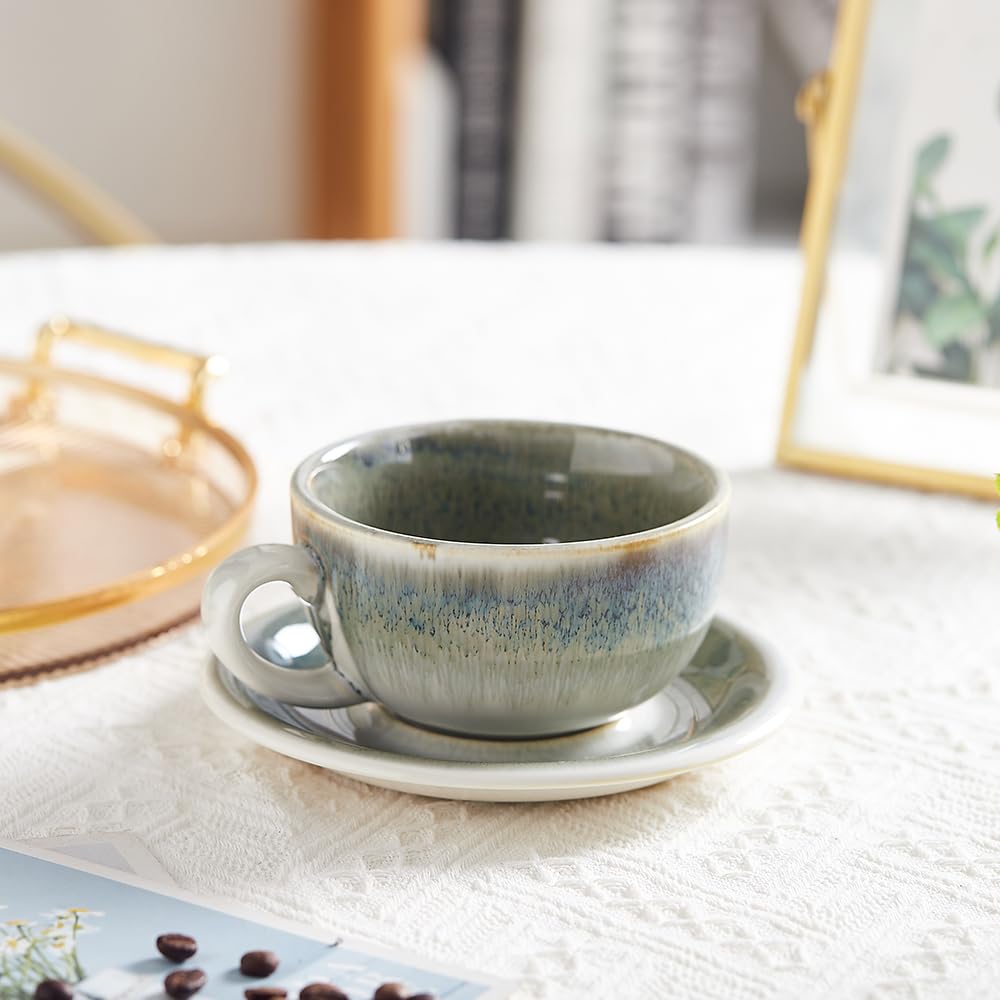 Coffeezone Vintage Design 12 oz Ceramic Latte Art Cappuccino Barista Cup with Saucer (Beige)